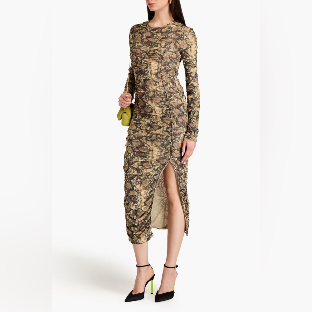 ROTATE Snake Print Ruched Mesh Midi Dress NWT